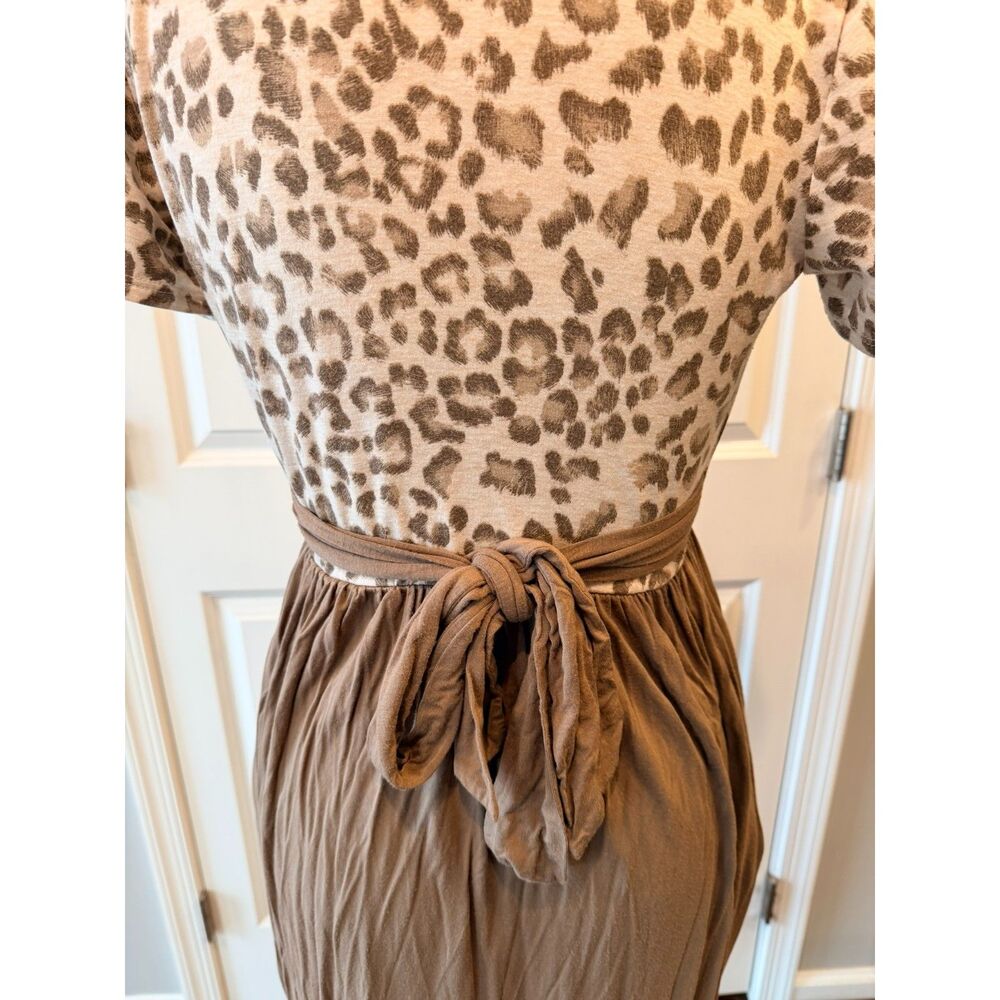 Leopard Print Midi Dress Boho Tie Waist Pleated Skirt Fall S - Picture 10 of 13